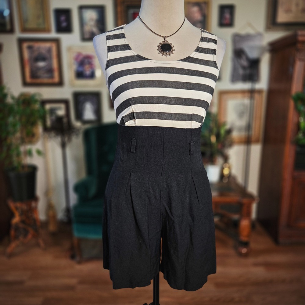 Vintage 90s Romper Jumpsuit Black White Striped Shorts Pinup Rockabilly